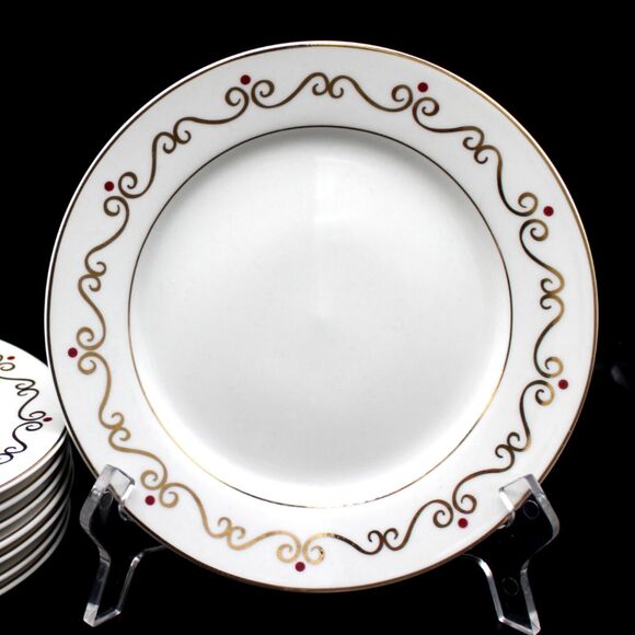 Vintage Pier 1 Salad Dessert Plates Set White Gold Scroll Red Ornaments Design - Picture 2 of 8